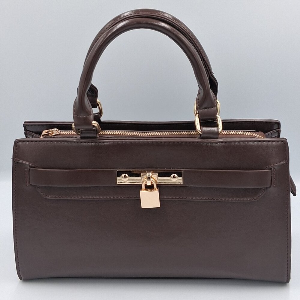 Structured Brown Shoulder Bag- Gold Hardware & Decorative Lock